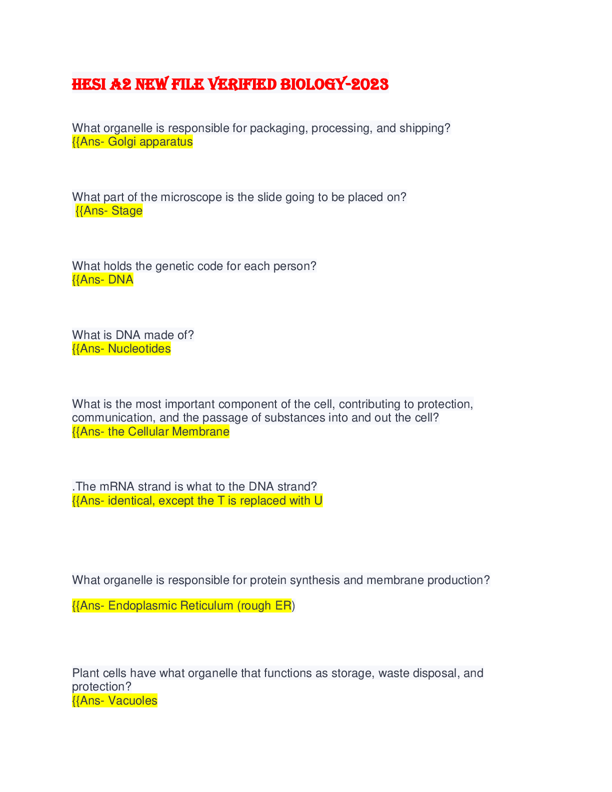 Preview image for HESI A2 (NURSING ADMISSION TEST) NEW FILE VERIFIED- 2023 BIOLOGY